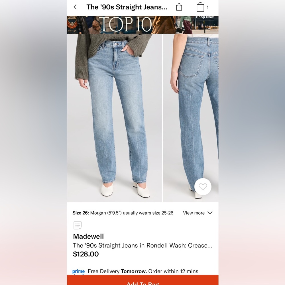 Madewell Women's “The 90’s Straight” Jeans 26, “Rondell” wash. - Picture 2 of 6